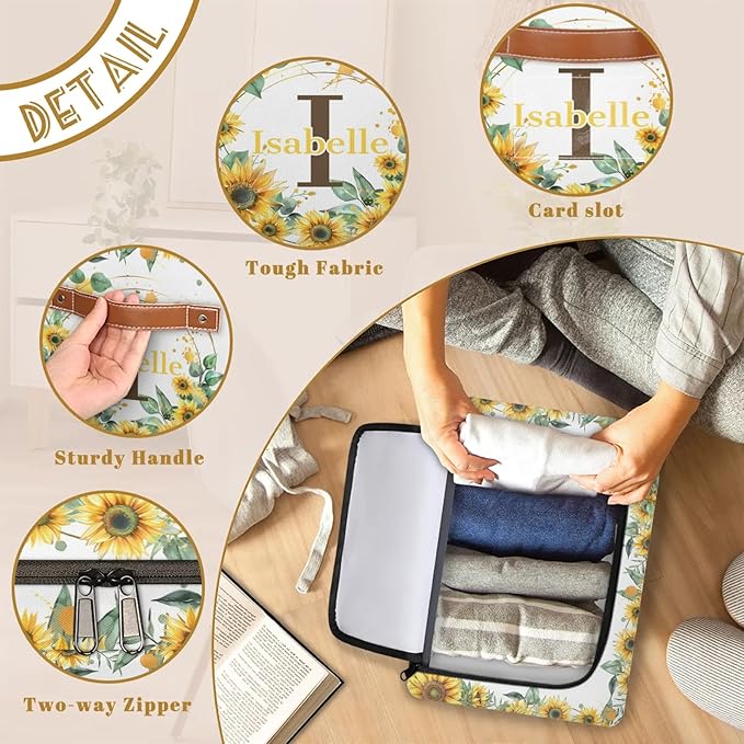 Personalized Sunflower Initials Storage Bins with Zipper Lid Custom Fabric Storage Boxes Foldable Closet Organizers Cubes for Clothes Shelves Home Decorative 2PCS Summer Flower