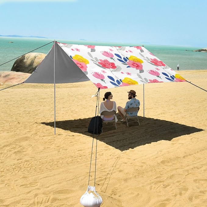 Beach Canopy with Windproof Ropes &amp Sandbags Beach Tent Sun Shade Sun Shelter for Camping Trips Fishing Backyard Fun or Picnics Flowers