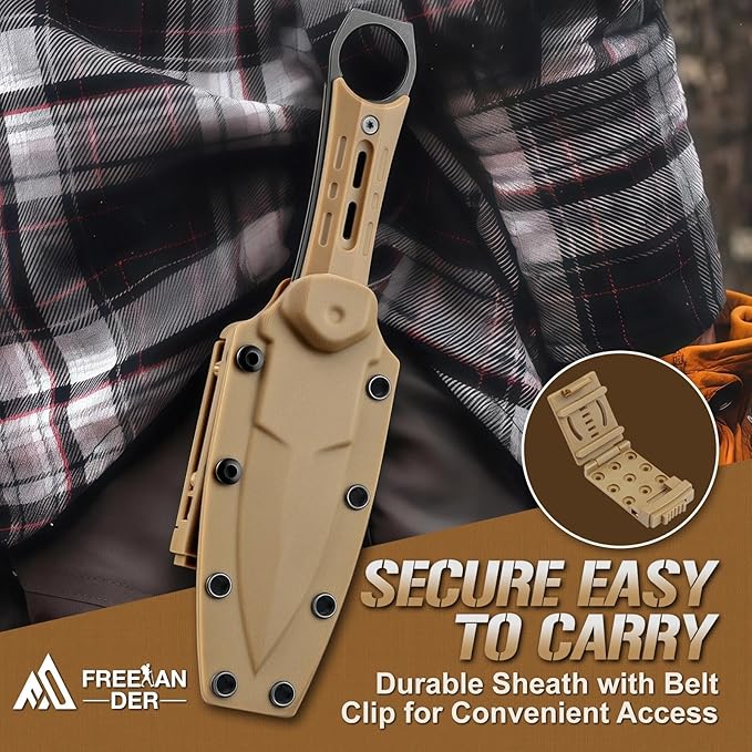 Freelander Fixed Blade Knife with Sheath - D2 Steel Survival Knife Full Tang Camping Knives with Anti-Slip Grip Handle for Bushcraft &amp Outdoor Adventures Gifts for Men Khaki