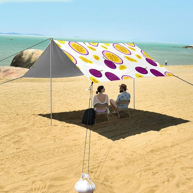 xigua Passion Fruit Beach Tent Sun Shelter with Carrying Bag - Silver Coated Oxford Fabric Beach Canopy for Beach Camping Fishing - Includes Windproof Ropes Sandbags &amp Stakes