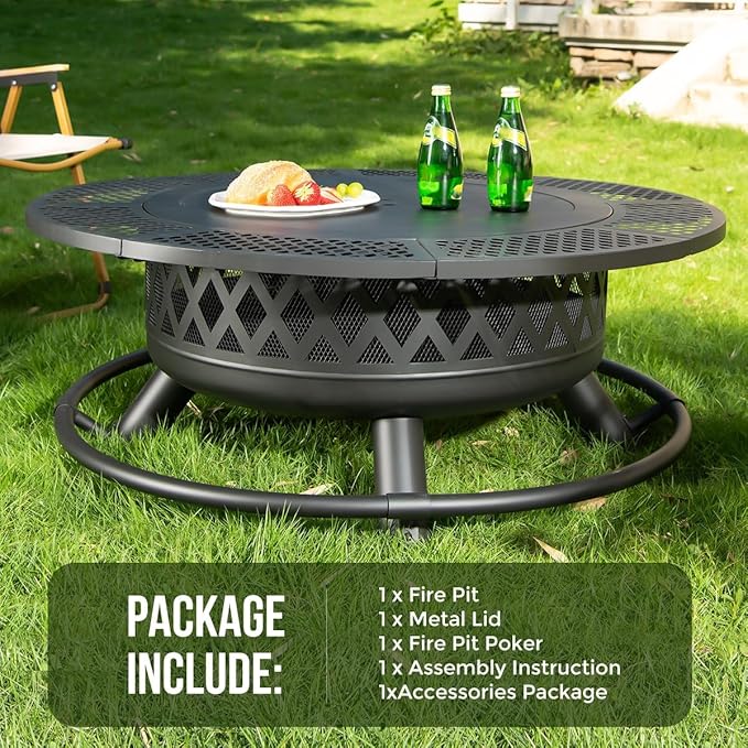 Panovue 42 Inch Outdoor Fire Pit with Grill Large Firepit Table for Outside Metal Round Firepits with Lid&ampFire Poker3 in 1 Wood Burning Fire Pits &amp Outdoor Fireplaces for BackyardPatio(42'