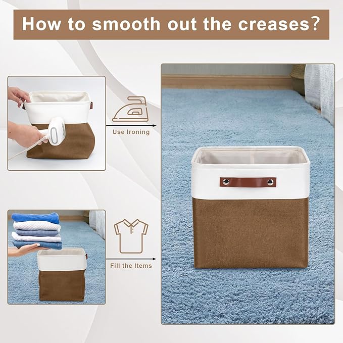 Collapsible Fabric Storage Cubes 11x11 Cube Storage Bins 4 Pack Closet Baskets Box with Handles for Organizing Shelf Toys Clothes Home Office Nursery (Brown&ampWhite)