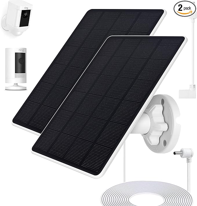 Ring Camera Solar Panel Compatible with Ri ng Stick Up Cam Battery Ring Spotlight Plus/Pro Battery Waterproof 5V6W 9.8 inch Long Charging Cable (2Pack) (White)