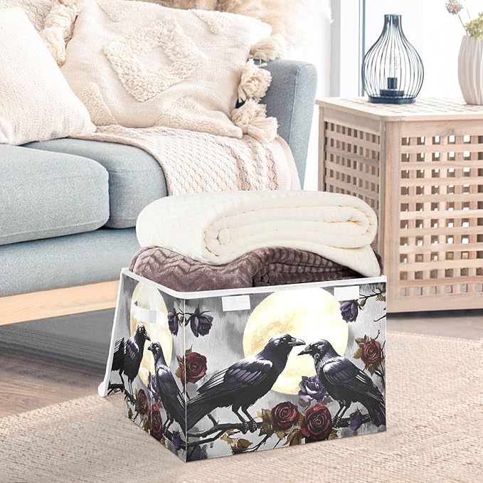Crows Branch Rose Large Storage Bins with Linen Foldable Storage Cubes Fabric Closet Organizer Containers box with Flip-Top Lid for Home Office 16.5 x 12.6 x 11.8 IN