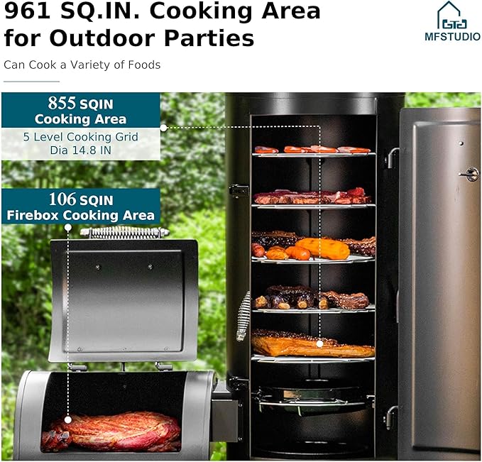 MFSTUDIO Vertical Offset Smoker Grill Extra Large Barrel Charcoal Grill with Smoker Combo for BBQ Smoking 961 SQ.IN.
