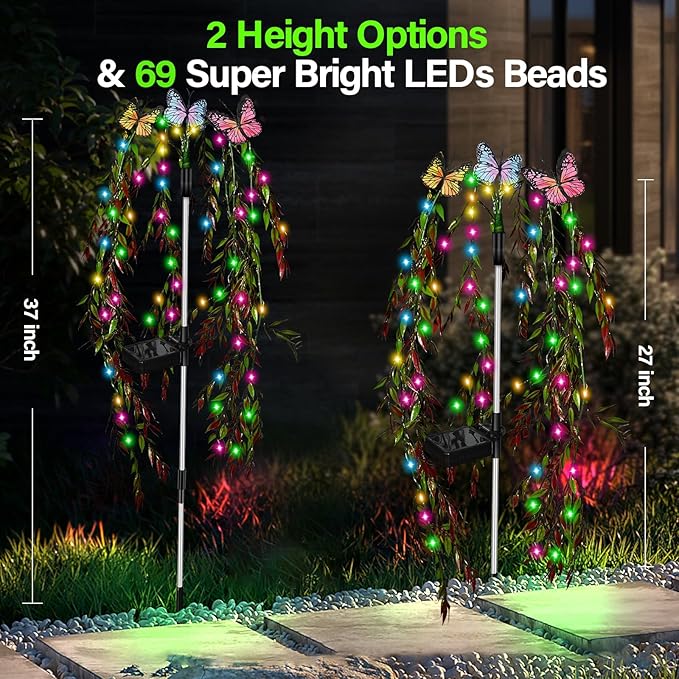 Solar Garden Lights Outdoor Decorative Waterproof 69LED Swaying Tree Solar Lights for Outside Butterfly Flower Lights Solar Power Yard Decor for Pathway Patio Lawn Grave Decorations