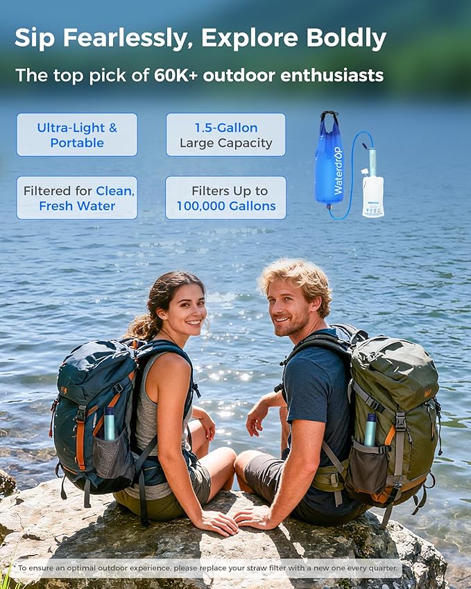 Waterdrop Gravity Water Filter Straw Camping Water Filtration System Water Purifier Survival for Travel Backpacking and Emergency Preparedness 1.5 gal Bag 0.1 Micron Light Blue