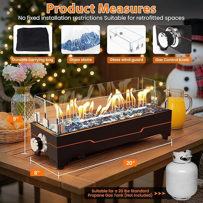 GRISUN Tabletop Fire Pit20 Inch Propane Fire Pit Table40000 BTU Table Top Firepit with Glass Wind GuardStainless Steel BurnerFire GlassPortable Propane fire Pit for Patio Camping Backyard &amp
