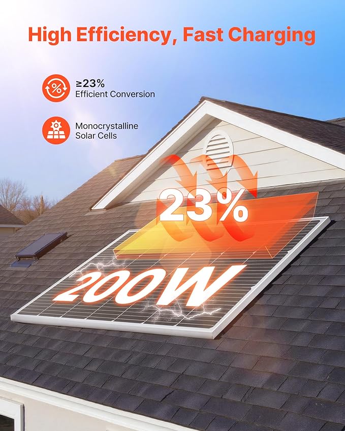 VEVOR 200W Monocrystalline Solar Panel 23% High-Efficiency Mono PV Module with Stable MC4 Output &amp Aluminum Frame IP65 Waterproof Solar Panel for Car Boat RV Flat Rooftop Off-Grid Applications
