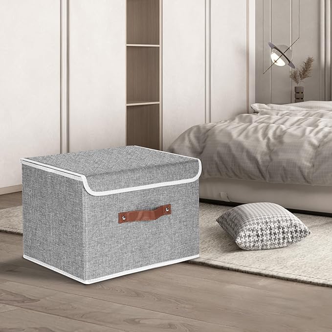 TYEERS Collapsible Storage Boxes Washable Fabric Storage Bins with Lids 14.9x9.8x9.8 inches 3 Pack Gray
