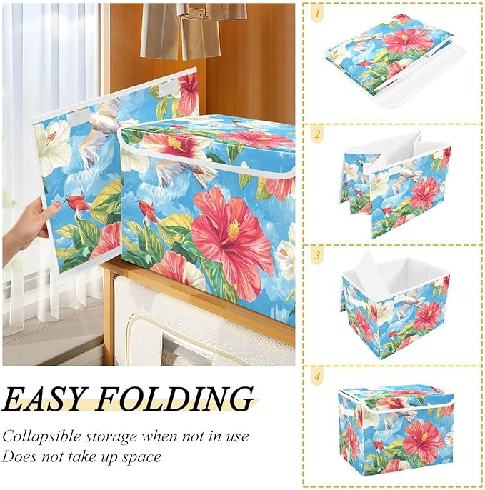 Collapsible Storage Bins with Lids Decorative Fabric Storage Cubes Closet Organizer and Storage Basket Boxes Containers for Clothes Box Chest Nursery Folding Rectangle Hibiscus Birds Oil Pain