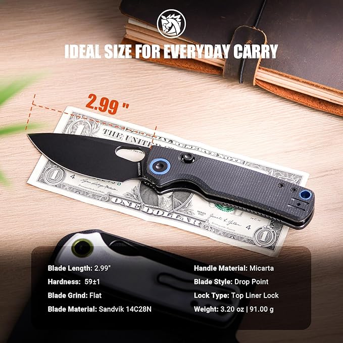 Vosteed Porcupine EDC Folding Knife 2.99’’ 14C28N Steel Big Belly Blade Top Liner Lock Micarta Handle - Lightweight Pocket knives for Men &amp Women Camping Hiking - A2601