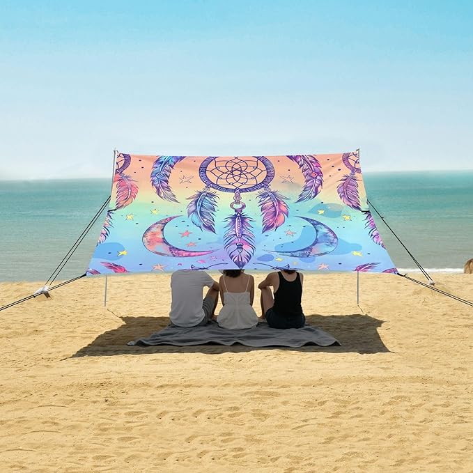ALAZA Rainbow Dreamcatcher Moon Beach Tent Sun Shelter UPF50+ Protection Beach Shade Canopy w/ 4 Sandbags for Outdoor Camping Fishing Backyard Fun Picnic 10x9 ft
