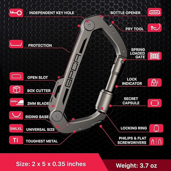 GPCA Carabiner Multitool - Carabiner Heavy Duty Key Clip for Keys Bottle Opener Screwdriver Box Cutter Ruler Keychain Clip Keychain Organizer EDC Gear for Camping &amp Hiking - Gifts for Men