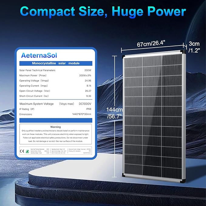 200w Solar Panel200 watt Solar Panel 12v n Type 18bb Solar Panels A+ Grade PV Module IP68 Waterproof25% high Efficiency Solar Cell 200w Solar Panels for Off Grid RV Boat Rooftop Camper