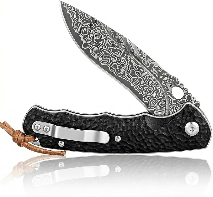 Damascus Steel Folding Pocket Knife 3.54 VG10 Blade for Men and Women Ebony Handle EDC Knife with Liner Lock for Outdoor Survival Camping Collection Hunting