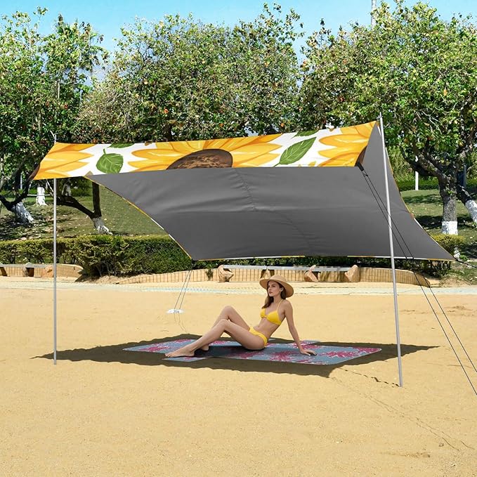 Beach Canopy with Windproof Ropes &amp Sandbags Beach Tent Sun Shade Sun Shelter for Camping Trips Fishing Backyard Fun or Picnics Sunflower