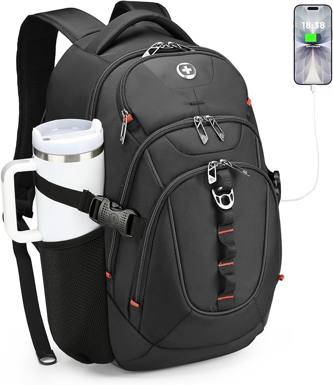 Swissdigital Design Laptop Backpack with USB Charging Port Travel Backpack Fits 15.6 inches Computer 31L College School Backpack for Men Black | SD803-01