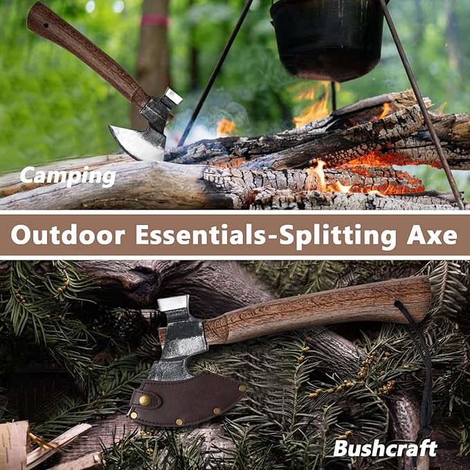 Wood Splitting Axe with Leather SheathCamping Hatchet with 10.74 Solid HandleBushcraft Axe with Hammering for GardeningChopping Felling SurvivalCarving