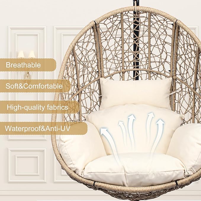 Oversized Hanging Egg Chair Set of 2 Outdoor Indoor Wicker Swing Egg Chair with Stand 400lbs Capacity for Bedroom Patio Garden and Balcony