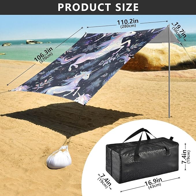 ALAZA Unicorn Grass Pattern Beach Tent Sun Shelter Portable Canopy Sunshade for Outdoor Camping Picnics Backyard Fun 10x9 ft
