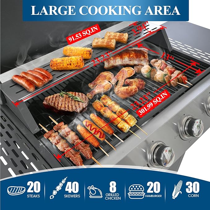 Patio Propane Gas Grill Stainless Steel 4-Burner BBQ Grill with Top Cover Lid Spacious Cooking Area and 2 Side Shelves for Outdoor Patio Garden Picnic Backyard Black