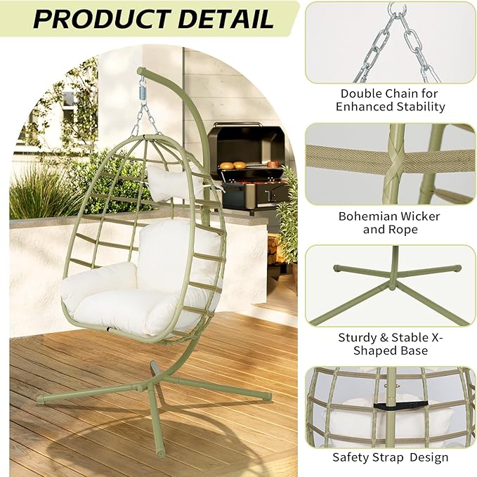 Hanging Egg Chair with Stand Outdoor Indoor Patio Rattan Swing Hammock Chairs with Washable Cushion 350lbs Capacity PE Wicker Swing Chair for Backyard Bedroom Garden (Cyan + White Cushion)