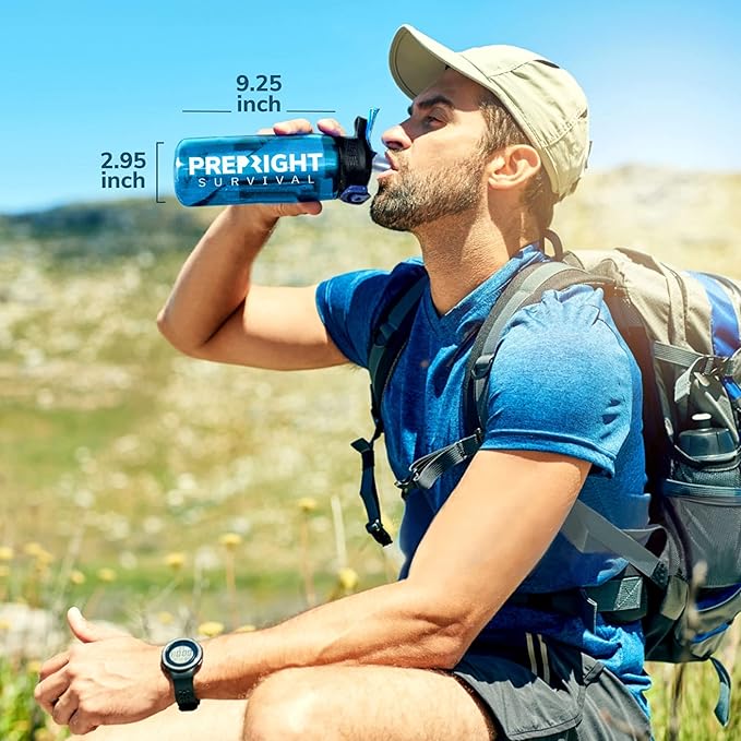 Survival – 4-Stage Water Filter Bottle BPA-Free 22oz Camping Water Bottle with Built-In Compass Travel and Emergency Preparedness Gear Blue