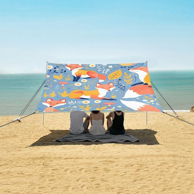 Safari Animals Fox Beach Tent UPF50+ Protection Waterproof Large Portable Sun Shelter with Sandbags and Shovel for Camping Trips Fishing Backyard Fun or Picnics