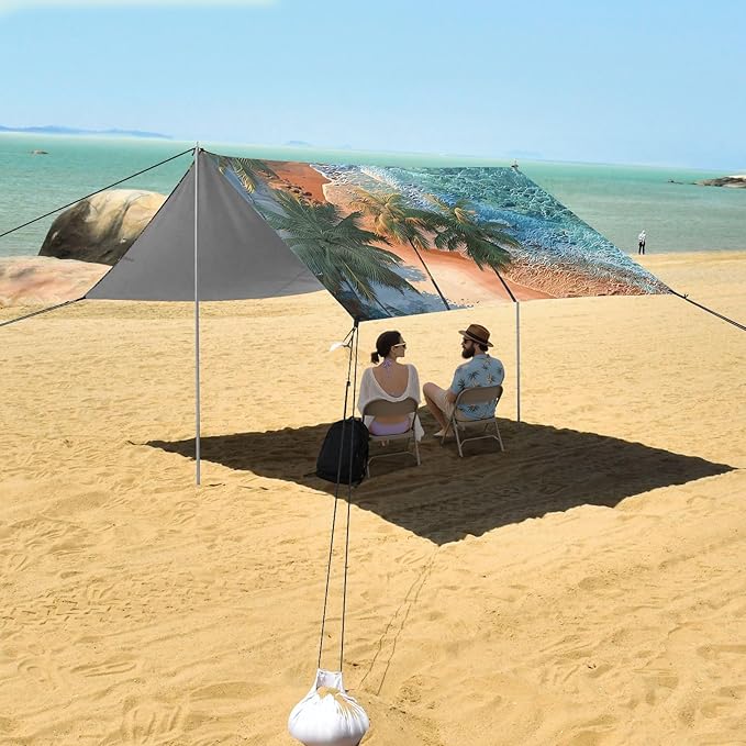 ALAZA Beach Palm Trees Beach Tent Sun Shelter UPF50+ Protection Beach Shade Canopy w/ 4 Sandbags for Outdoor Camping Fishing Backyard Fun Picnic 10x9 ft