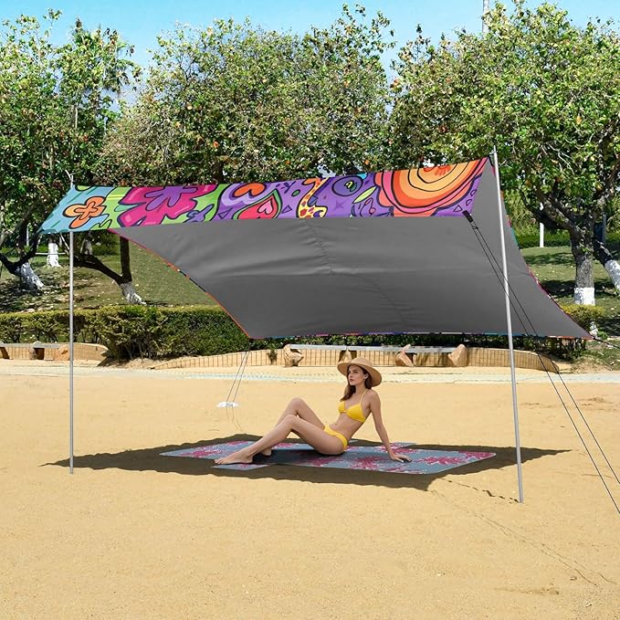ALAZA Cute Peace Sign Beach Tent Sun Shelter UPF50+ Protection Beach Shade Canopy w/ 4 Sandbags for Outdoor Camping Fishing Backyard Fun Picnic 10x9 ft
