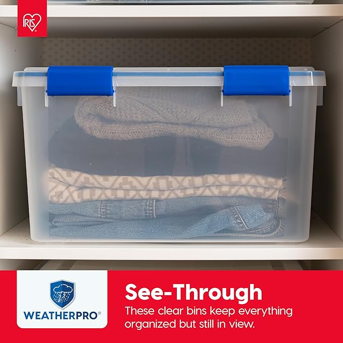 IRIS USA WeatherPro 16 Qt Storage Bins with Lids 3 Pack BPA-Free Plastic Gasket Box with Tight Latch and Seal Stackable Nestable Tote Tub - Clear/Blue