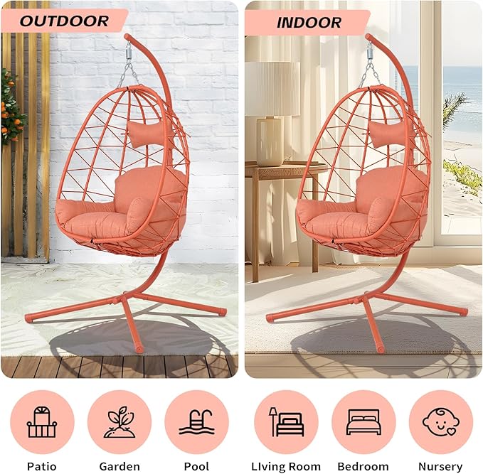 Hanging Egg Chair with Stand Outdoor Indoor Patio Rattan Swing Hammock Chairs with Washable Cushion PE Wicker Swing Chair for Backyard Bedroom Garden (Orange Red + Orange Red Cushion No Footrest)