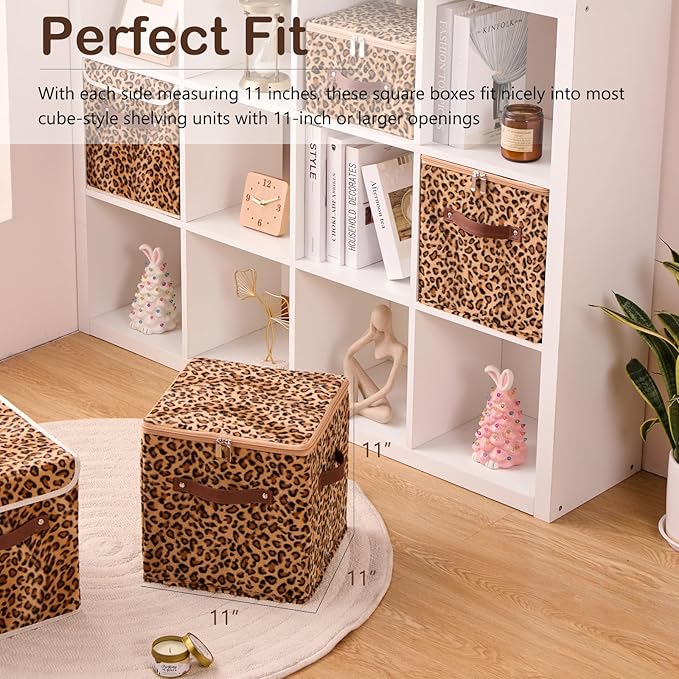 4PCS Storage Cubes with Zipper Lid 11 Inch Leopard Print Velvet Fabric Cute Decorative Storage Bins Boxes PU Leather Handles Closet Organizer Container Foldable Washable Shelf Basket