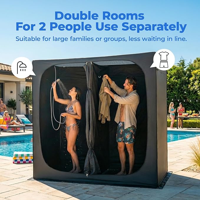 EighteenTek® Shower Tent 2-Room Changing Room Outdoor Shower Enclosure Privacy Canopy Shelter with Floor &amp Doors Waterproof &amp Lightweight Toilet Tent Bathroom for Courtyard Pool Photosh