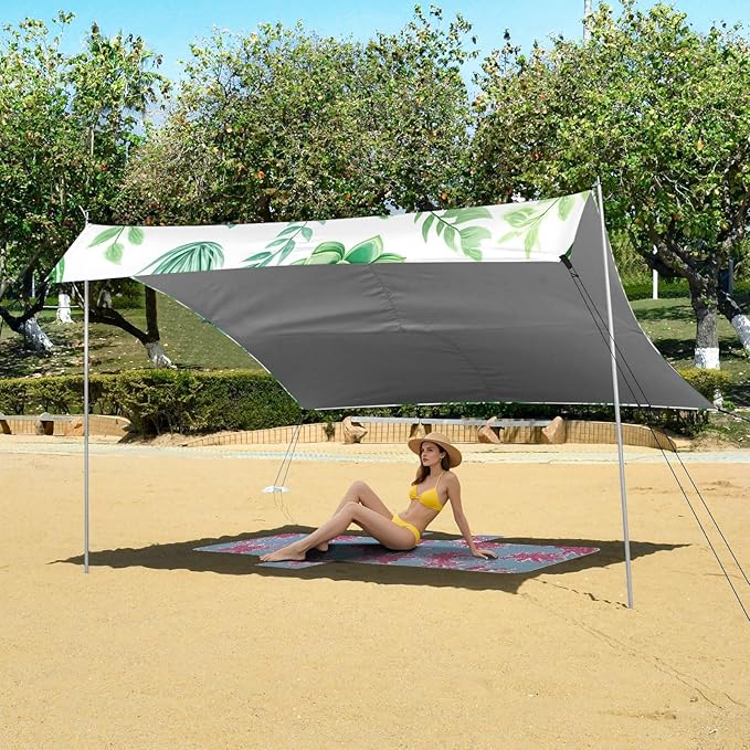 Beach Canopy with Windproof Ropes &amp Sandbags Beach Tent Sun Shade Sun Shelter for Camping Trips Fishing Backyard Fun or Picnics Grass