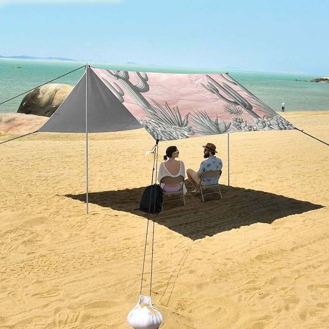 Beach Canopy with Windproof Ropes &amp Sandbags Beach Tent Sun Shade Sun Shelter for Camping Trips Fishing Backyard Fun or Picnics Desert