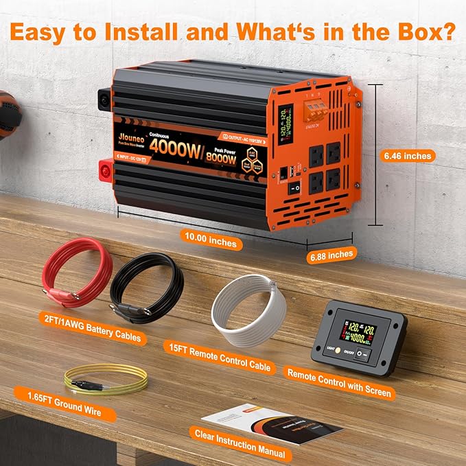 4000W Pure Sine Wave Inverter 12V DC to 110V/120V AC Heavy Duty Power Inverter for Home Backup Off-Grid Solar RV Truck with 4 AC Outlets Dual LCD Display Remote Control Hardwire Port