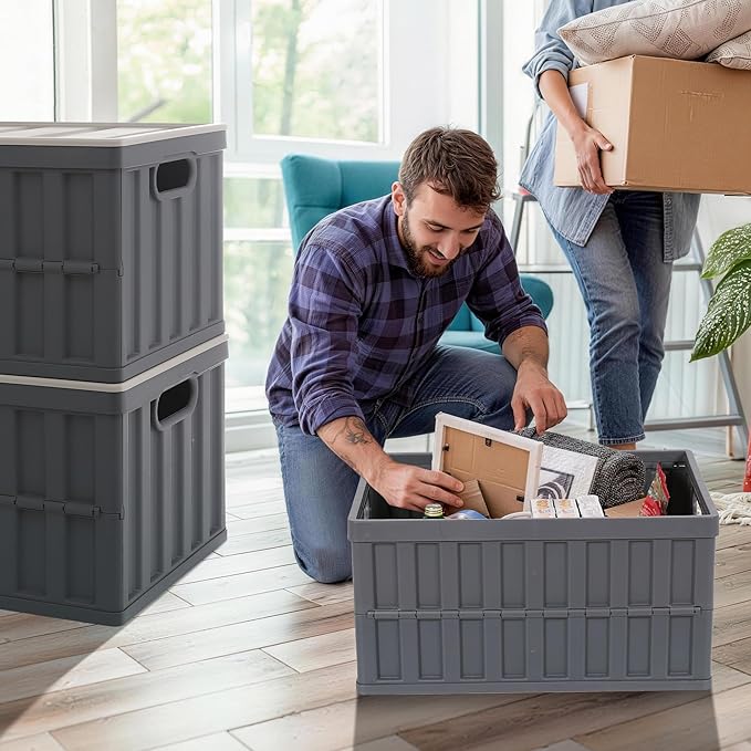 Citylife 64L Collapsible Storage Bins with Lids Plastic Storage Containers for Organizing Stackable Storage Box Large Heavy Duty Utility Crates 4 Packs