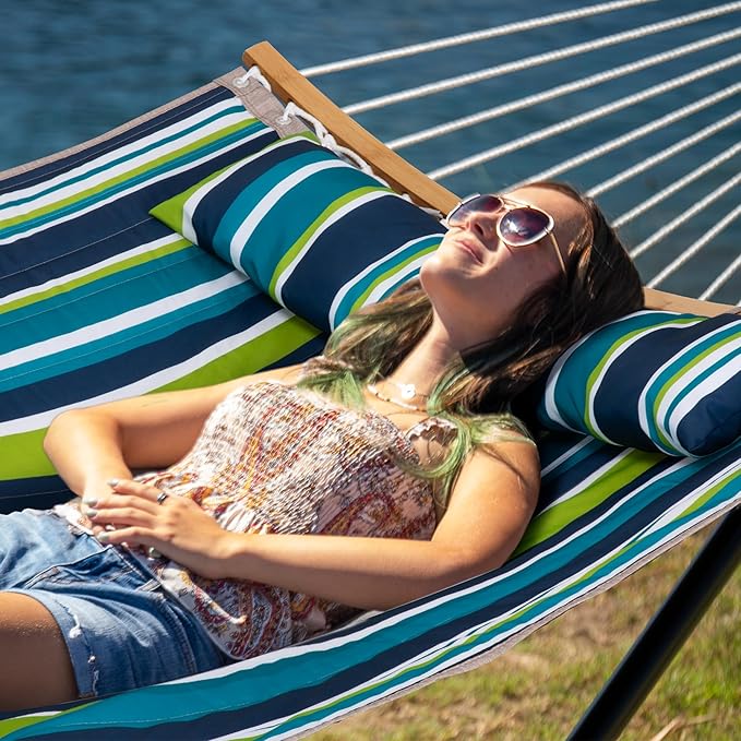 Hammock with Stand for Outside Double Hammock with Stand Pillow and Portable Bag 450 Lbs Capacity Green Blue Stripes