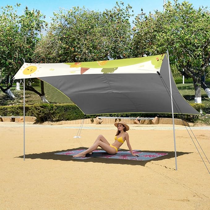 Cute Cartoon Cars Doodle Style Beach Canopy UPF50 Easy Setup Sun Shelter with Sand Pockets for Camping Picnics Backyard &amp Fishing