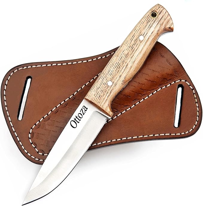 Ottoza Full Tang Bushcraft Knife with 1095 Carbon Steel Fixed Blade - Survival and Outdoor Camping Knife - Ash Wood Handle Brown Leather Sheath 403