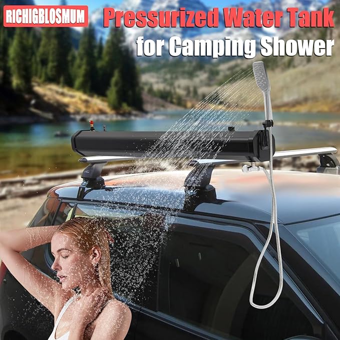 Pressurized Roof Rack Water Tank with Shower &amp 5.58FT Hose Lightweight Design Multi-Functional Overland Shower for SUVs Trucks Off-Road &amp Camping7.9Gal/30L