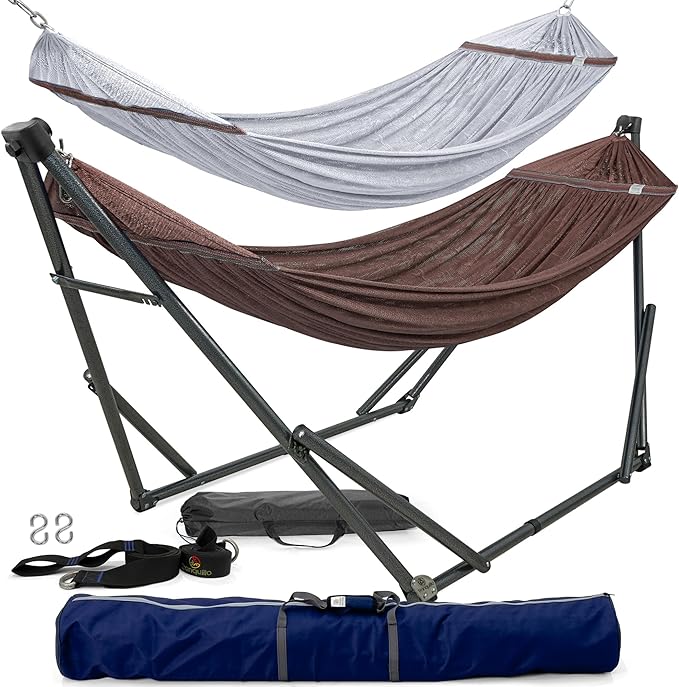 Tranquillo Combo x2 Hammocks with Stand for Outside &amp Tree Straps Heavy Duty Hammock with Stand 600lbs for Indoor Outdoor Patio Backyard x2 Hammocks for 2 Person (Combo - Brown Medium)