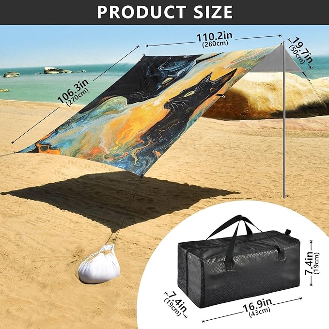 ALAZA Two Black Cats Looking at Each Other Beach Tent Sun Shelter Portable Canopy Sunshade for Outdoor Camping Picnics Backyard Fun 10x9 ft