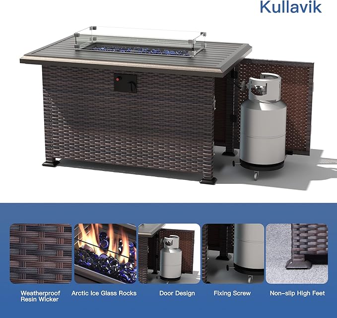 Kullavik 43 Propane Fire Pit Table55000 BTU Auto-Ignitiongas Gas Fire Table with Fire Glass and LidWaterproof Cover and Blue Glass Stone for PatioBalconyGarden