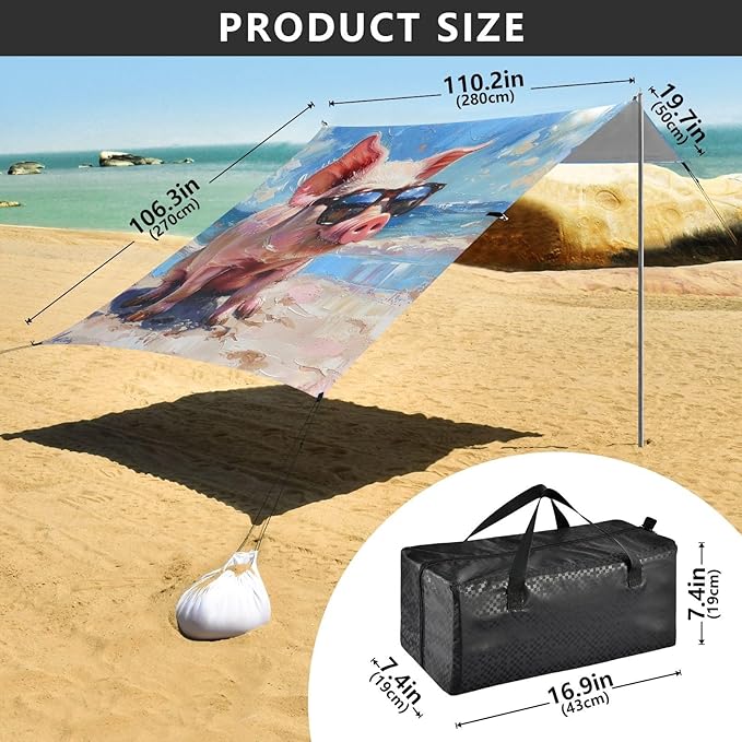 ALAZA Oil Painting Funny Pig on The Beach Beach Tent Sun Shelter Portable Canopy Sunshade for Outdoor Camping Picnics Backyard Fun 10x9 ft
