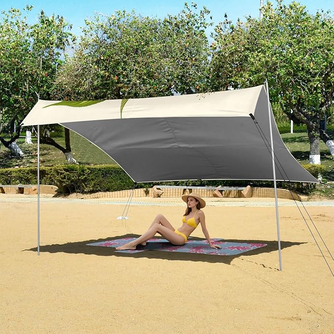 xigua Bird Beach Tent Sun Shelter with Carrying Bag - Silver Coated Oxford Fabric Beach Canopy for Beach Camping Fishing - Includes Windproof Ropes Sandbags &amp Stakes