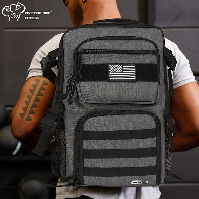 519 Fitness [Tactical All-Around] Modular Meal Prep Backpack - Stealth Grey - Fits 17 Laptop - Removable Meal Part Hydration Bladder 3 Containers 2 Ice Packs &amp US Flag Patch