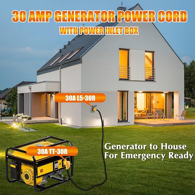 Kanayu 15FT 30 Amp RV Generator Cord and Power Inlet Box Compatible with NEMA TT-30P to L5-30R Lock Generator Extension Cord with LED Indicator Pre-Drilled L5-30P Inlet Box ETL Listed